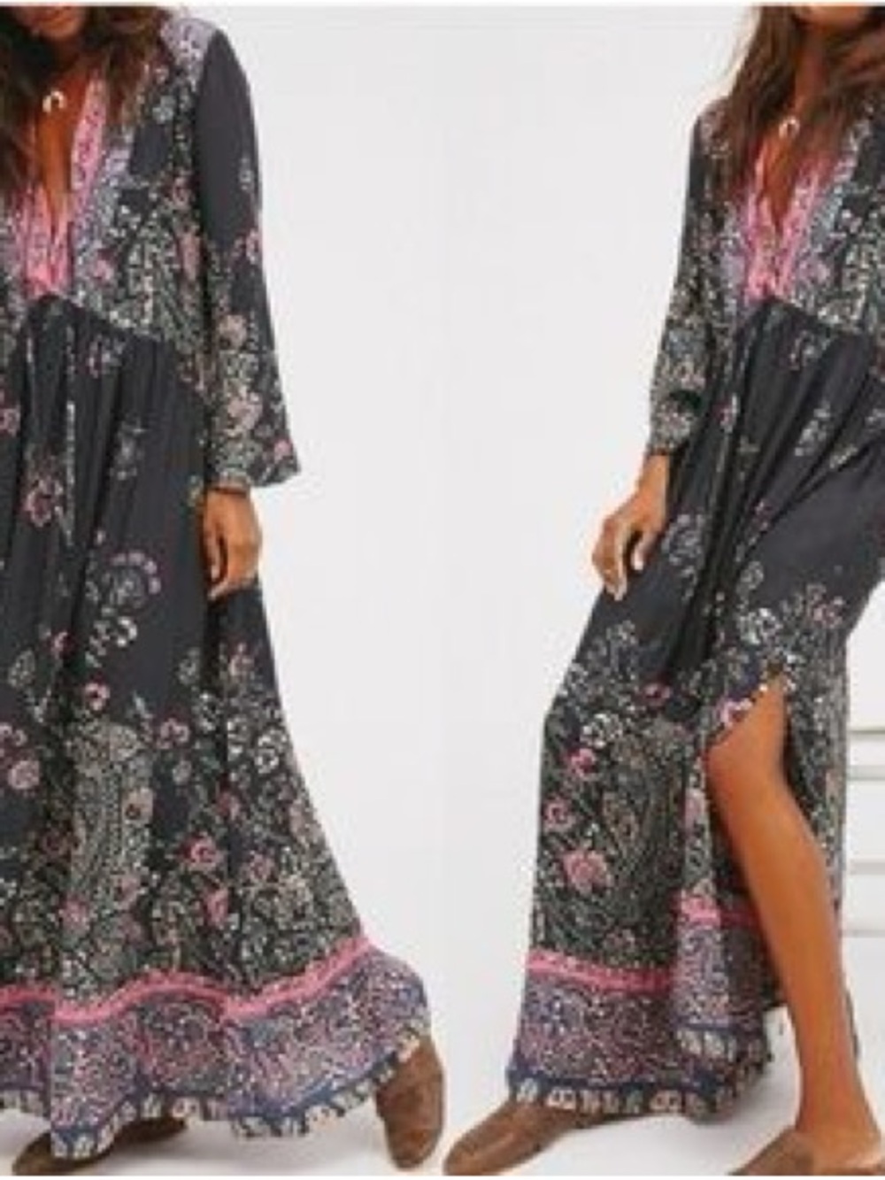 Free People Black Maxi Dress with Pink Floral Trim